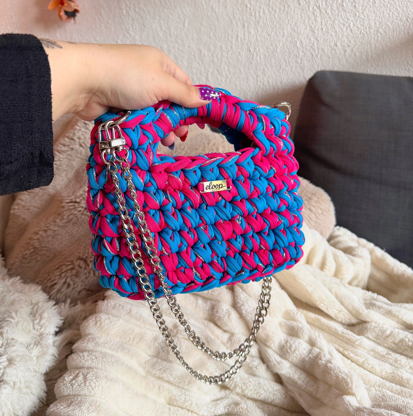Fuchsia pink & azure blue Topaze bag