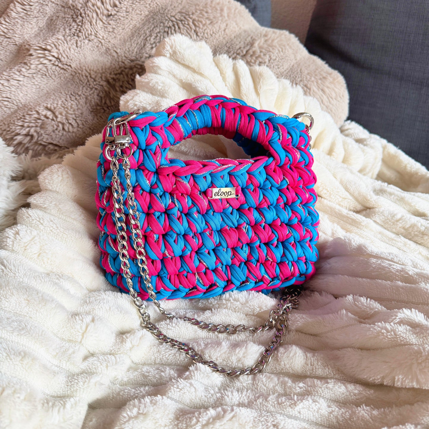 Fuchsia pink & azure blue Topaze bag